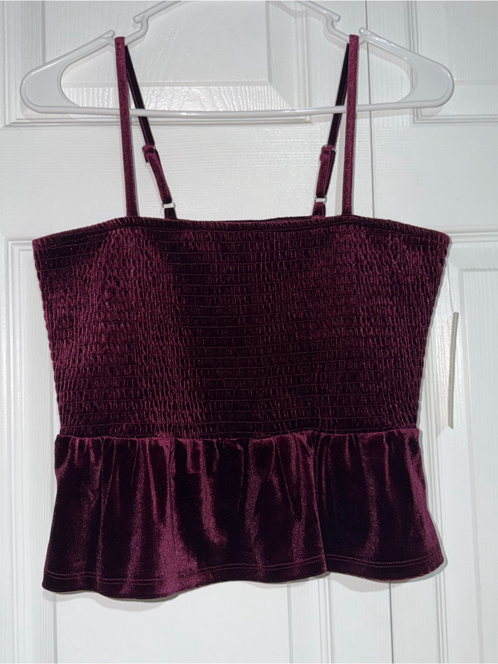 No Boundaries Velvet Smocked Peplum Cami - Burgundy
